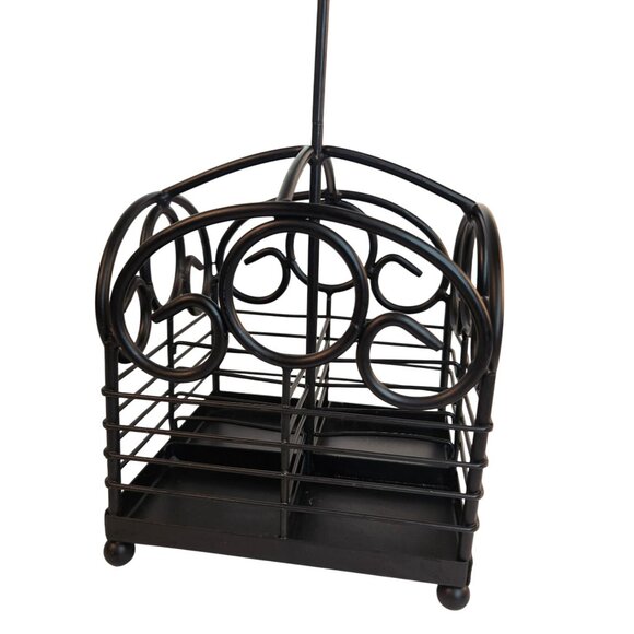 Black Wrought Iron Utensil and Condiment Holder Rustic Scroll Design Caddy with - Picture 2 of 5